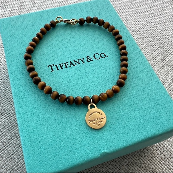 TIFFANY & CO. • Return to Tiffany™ 18K Yellow Gold Tag Tigers Eye Bead Bracelet - Picture 7 of 16